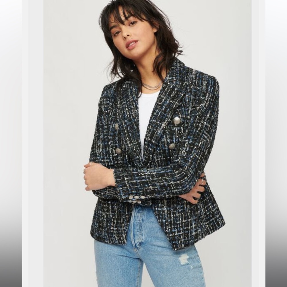 Dynamite Paloma Tweed Double-Breasted Blazer Blue & White Lurex Size L Festive